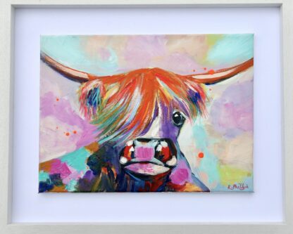 An original painting of a highland cow. Acrylic on canvas. 54 x 44 cm framed. Framed in a solid wood white box frame. Free shipping within Ireland.An original painting of a highland cow. Acrylic on canvas. 54 x 44 cm framed. Framed in a solid wood white box frame. Free shipping within Ireland.